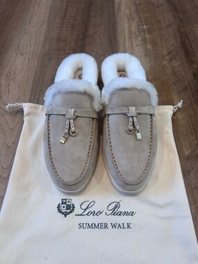 Loro Piana Summer Walk Cream Suede Shearling Slip-On Loafers - EU 37